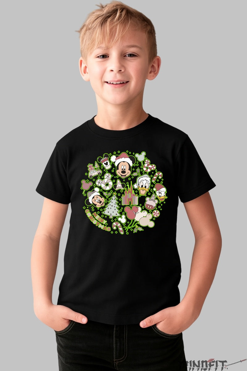 Tricou Craciun Copii - Personaje Vesele si Dulciuri Magice baiat negru