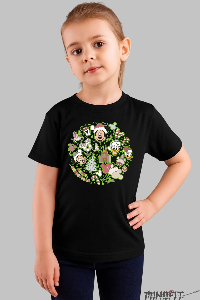 Tricou Craciun Copii - Personaje Vesele si Dulciuri Magice fata negru