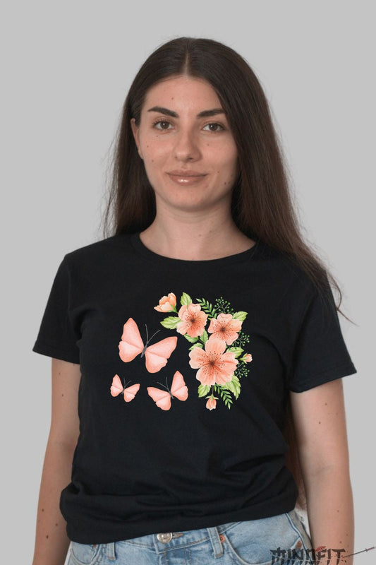 Tricou Cu Flori De Primavara - Aripi in Floare Dama Negru