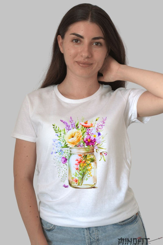 Tricou Cu Flori De Primavara - Buchet In Borcan Dama Alb