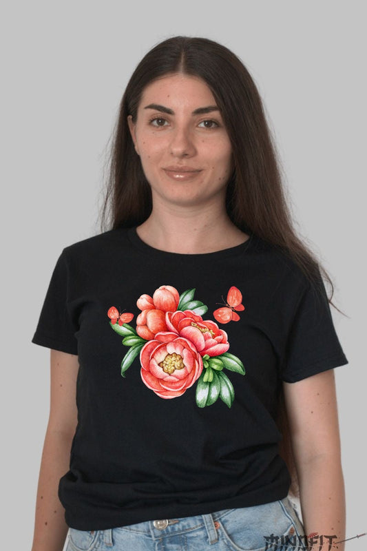 Tricou Cu Flori De Primavara - Bujori Infloriti Cu Fluturi Dama Negru