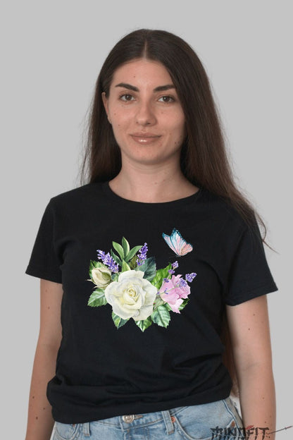 Tricou Cu Flori De Primavara - Fluturi si Trandafiri Pastel Dama Negru