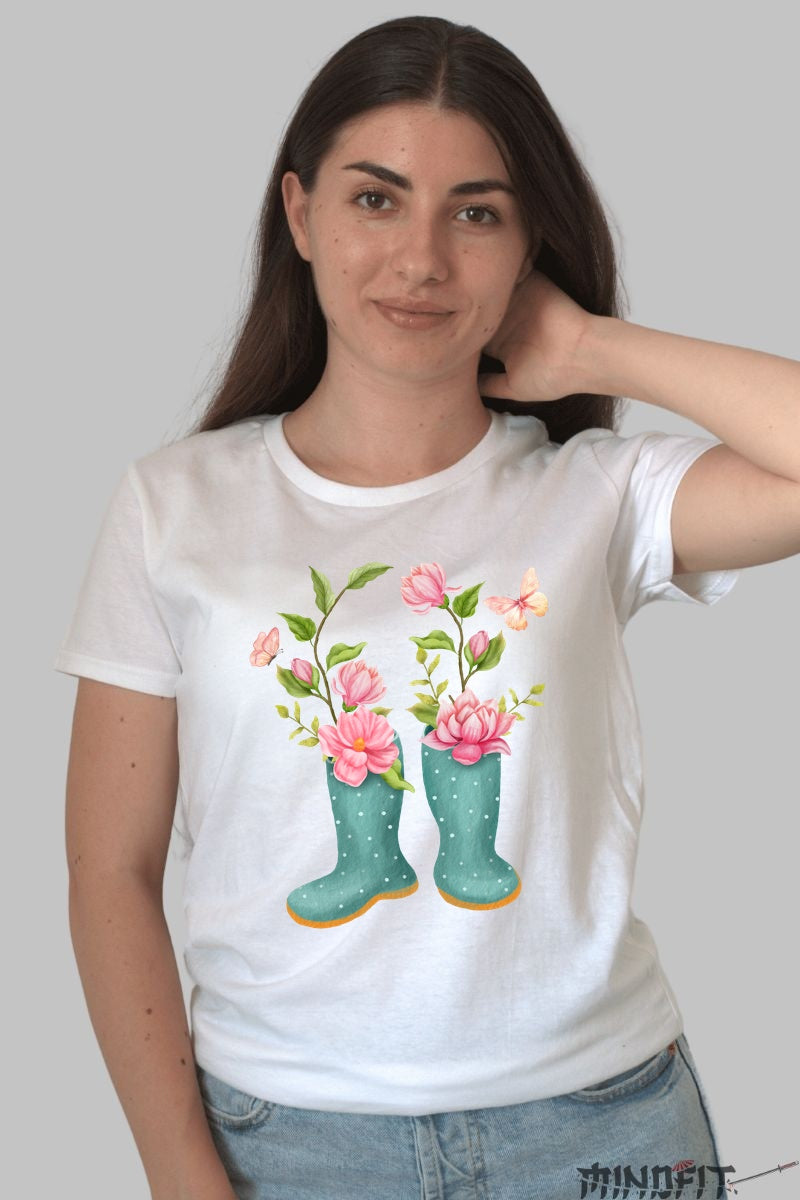 Tricou Cu Flori De Primavara - Ghete Inflorite Si Fluturi Dama Alb