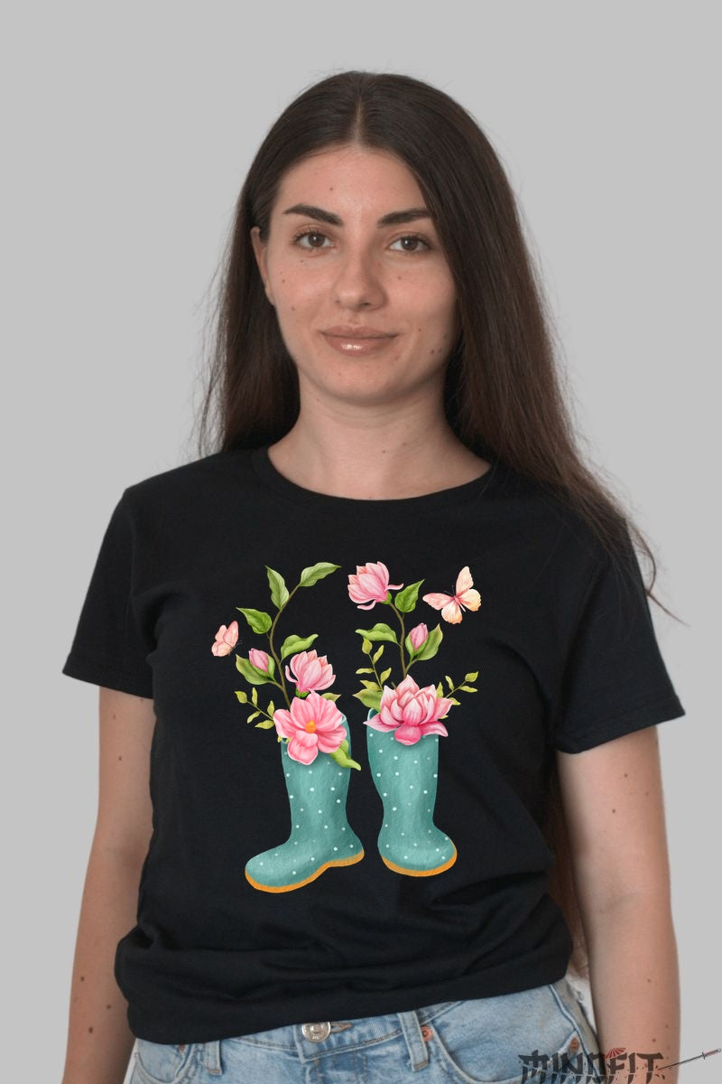 Tricou Cu Flori De Primavara - Ghete Inflorite Si Fluturi Dama Negru