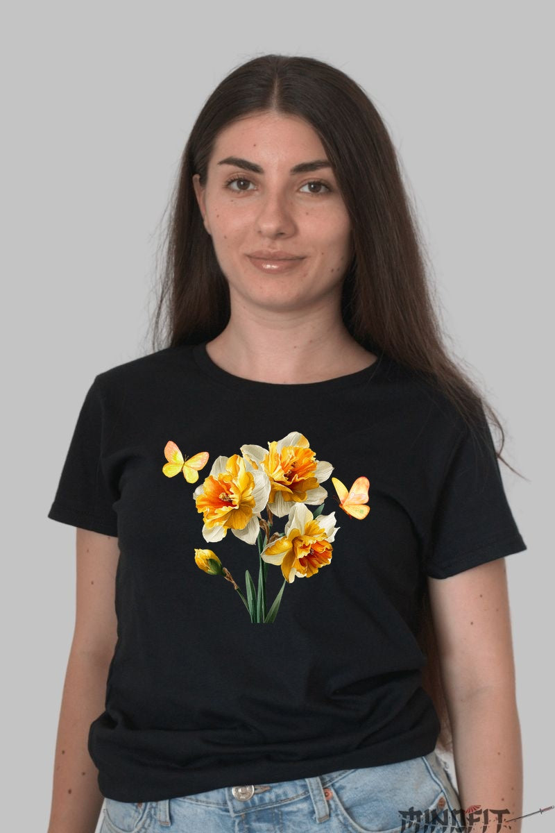 Tricou Cu Flori De Primavara - Narcise Galbene Si Fluturi Dama Negru