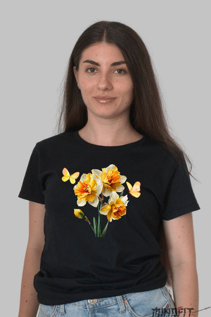 Tricou Cu Flori De Primavara - Narcise Galbene Si Fluturi Dama Negru