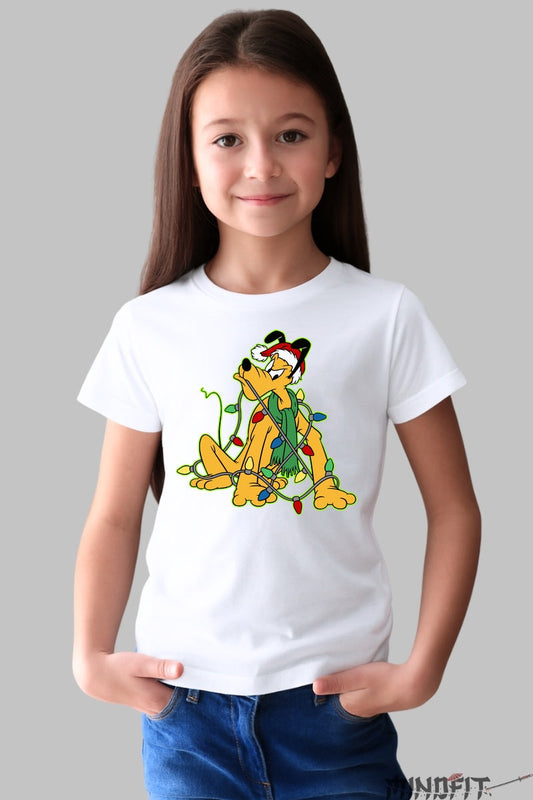 Tricou De Craciun Copii - Catel Poznas Cu Instalatie fata alb