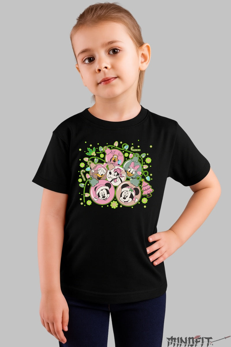 Tricou De Craciun Copii - Gasca Vesela in Globuri Festive fata negru