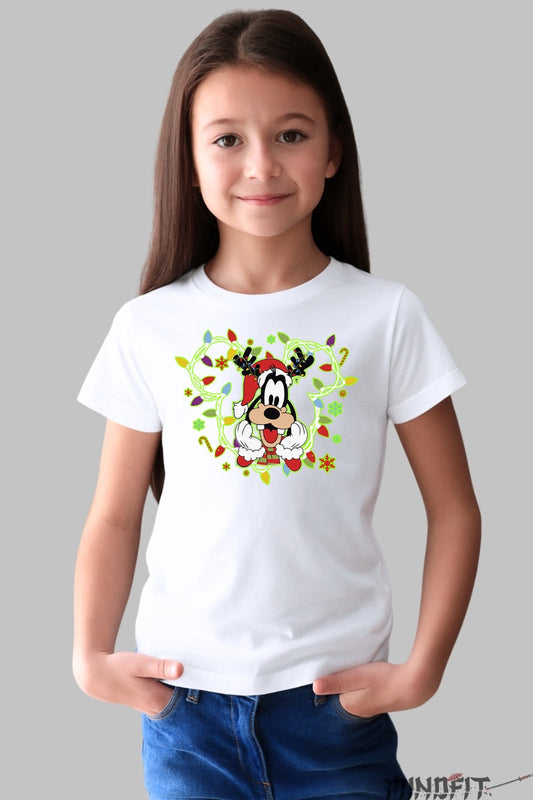 Tricou De Craciun Copii - Goofy Cu Instalatie Vesela fata alb