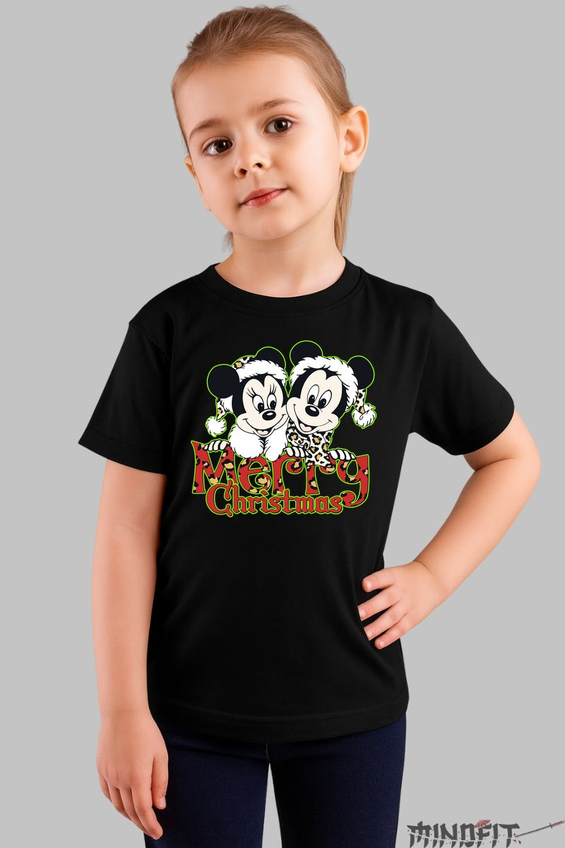 Tricou De Craciun Copii - Mickey si Minnie in Sarbatoare fata negru