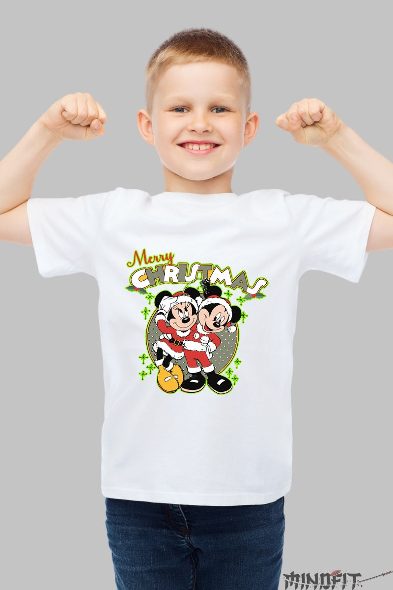 Tricou De Craciun Copii - Mickey Si Minnie Sarbatoresc baiat alb