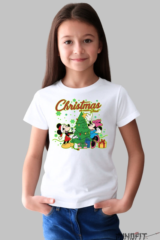 Tricou De Craciun Copii - Mickey Si Minnie Sub Bradul Fermecat fata alb