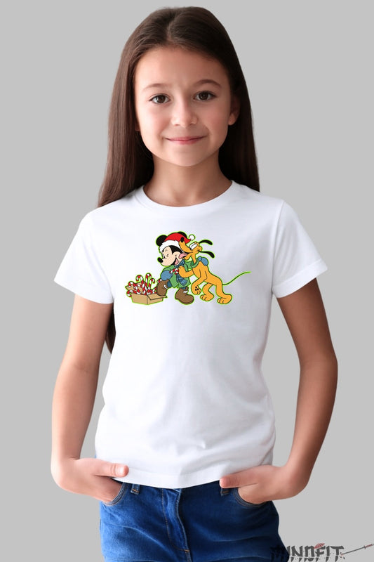 Tricou De Craciun Copii - Mickey Si Pluto In Spiritul Sarbatorilor fata alb