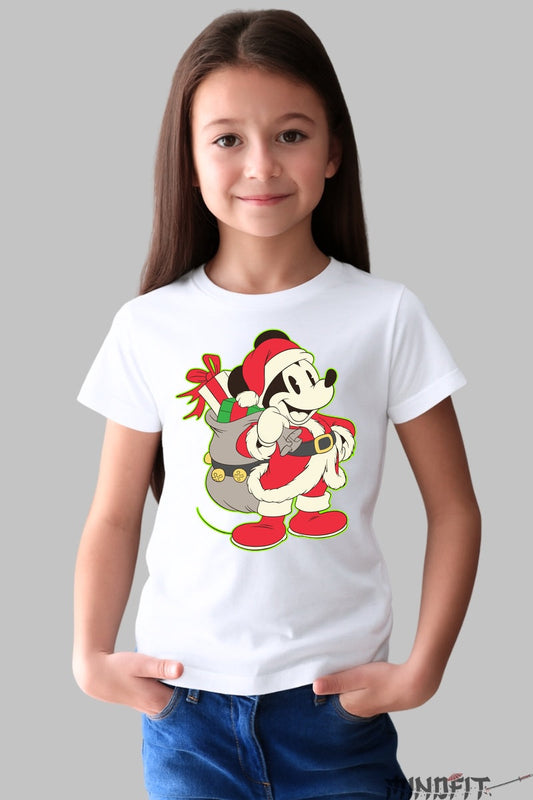 Tricou De Craciun Copii - Soricel Vesel cu Sac de Cadouri fata alb