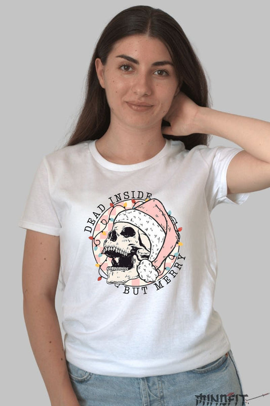 Tricou De Craciun - Craniu Festiv Cu Caciula dama alb