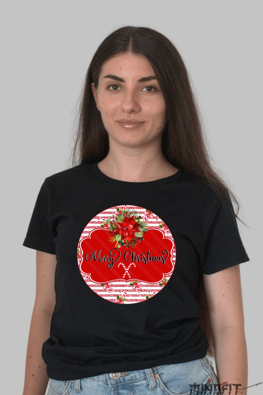 Tricou De Craciun - Design Floral Merry Christmas dama negru