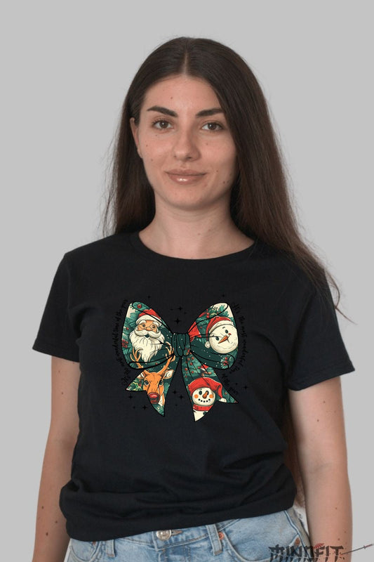 Tricou De Craciun - Fundita Cu Mos Craciun Si Om De Zapada dama negru