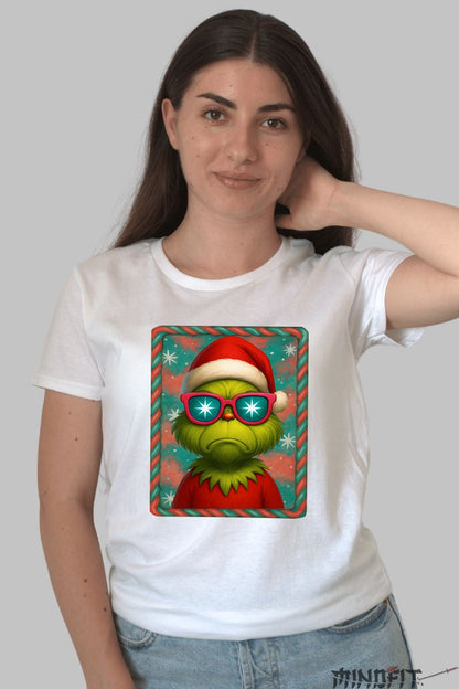 Tricou De Craciun - Grinch Cu Ochelari Star dama alb