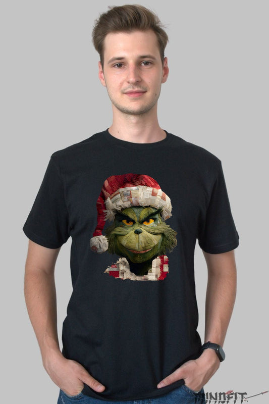 Tricou De Craciun - Grinch Cu Zambet Viclean barbat negru