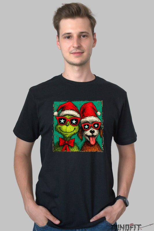 Tricou De Craciun - Grinch Si Catelul Cu Ochelari barbat negru