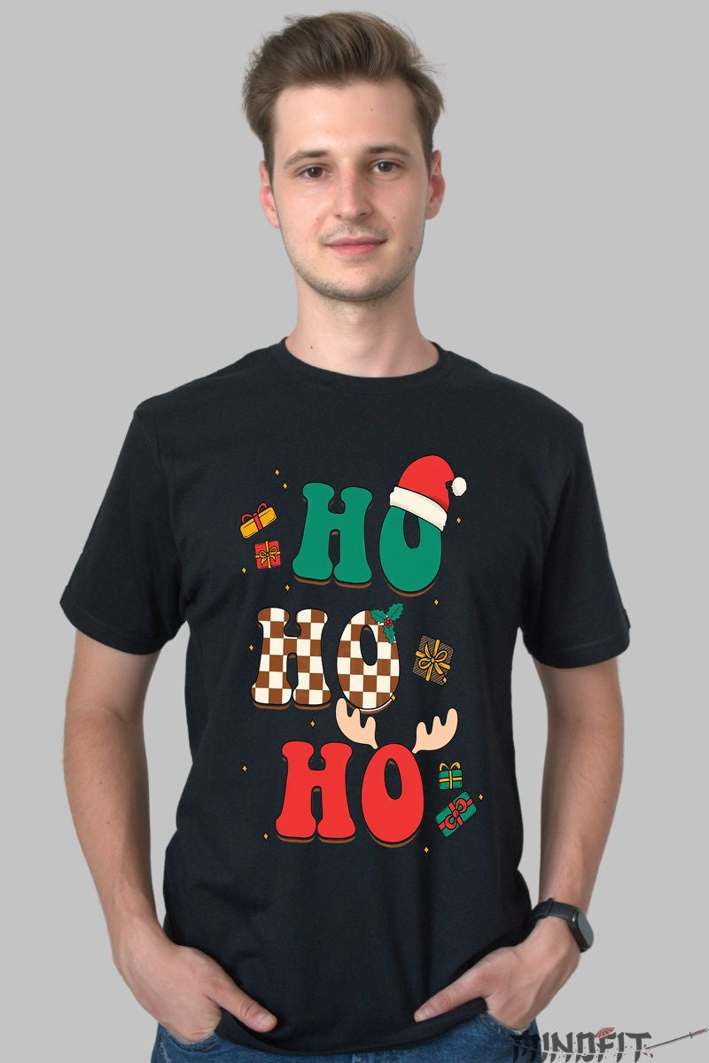 Tricou De Craciun - HO HO HO Festiv barbat negru