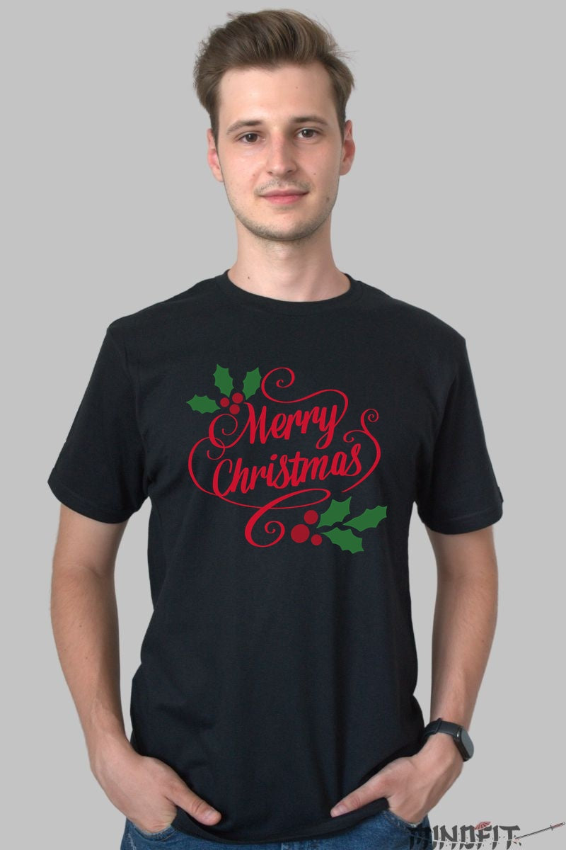 Tricou De Craciun - Merry Christmas Cu Frunze De Ilex barbat negru
