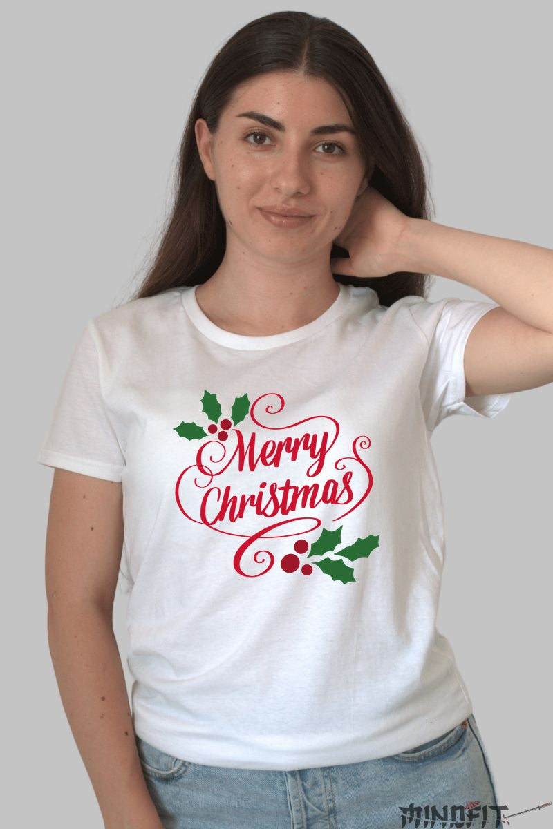 Tricou De Craciun - Merry Christmas Cu Frunze De Ilex dama alb