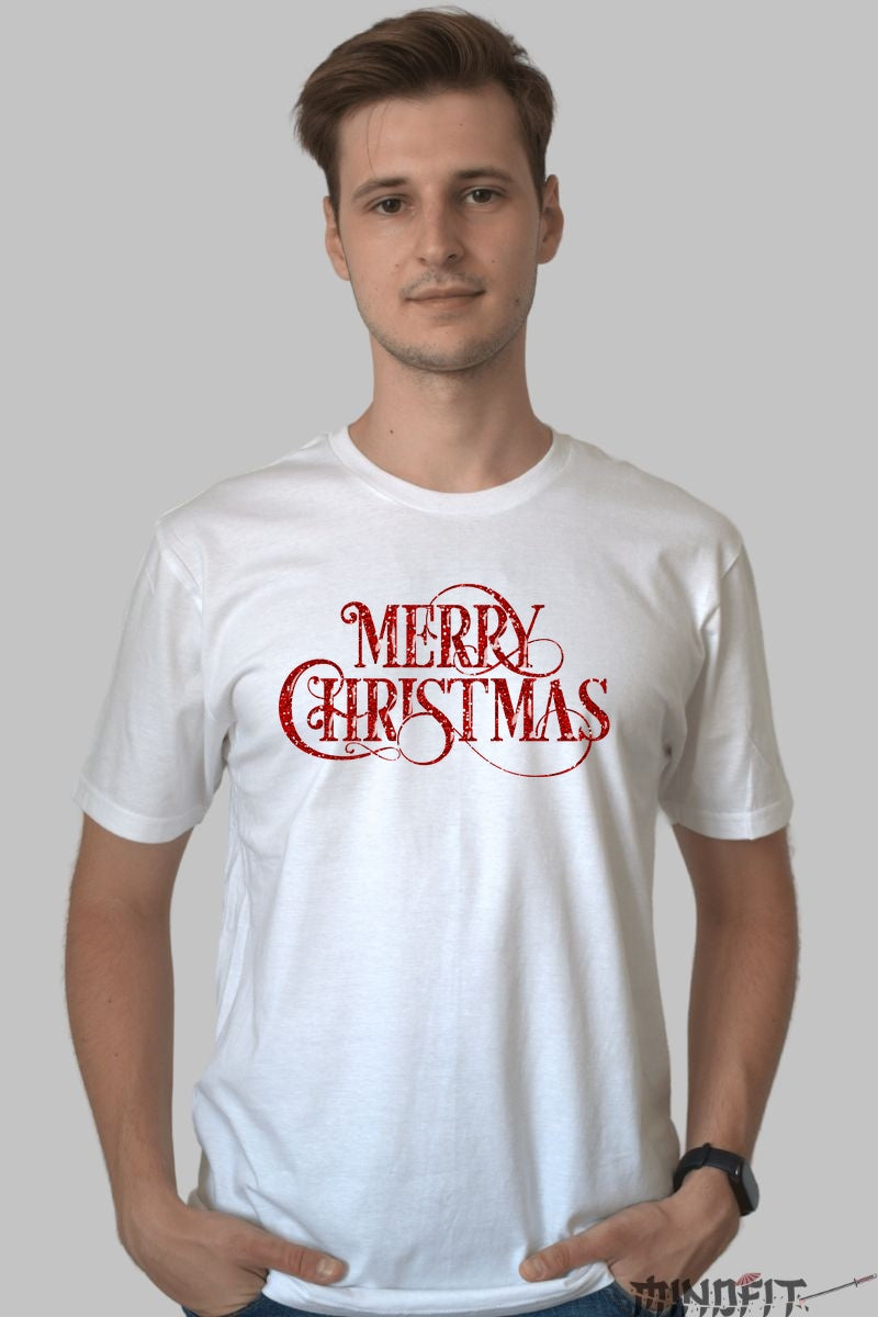 Tricou De Craciun - Merry Christmas Glitter barbat alb