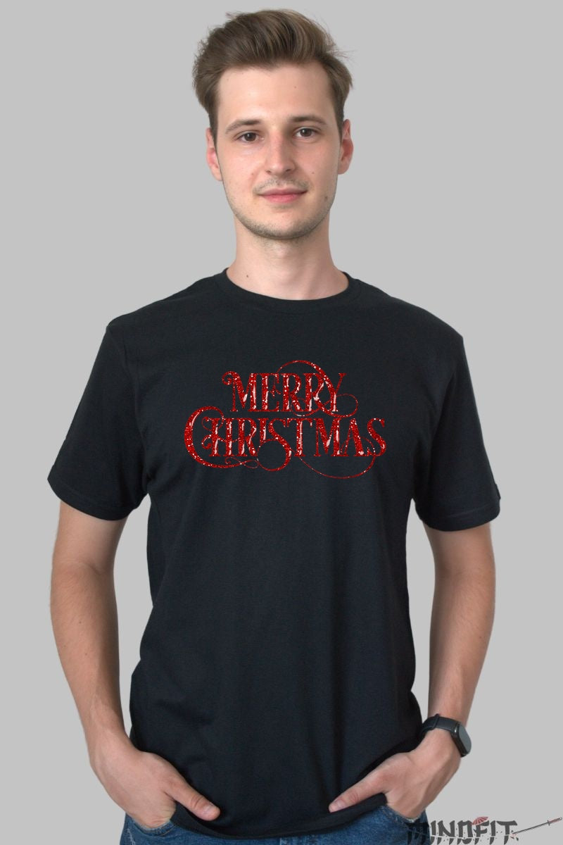 Tricou De Craciun - Merry Christmas Glitter barbat negru