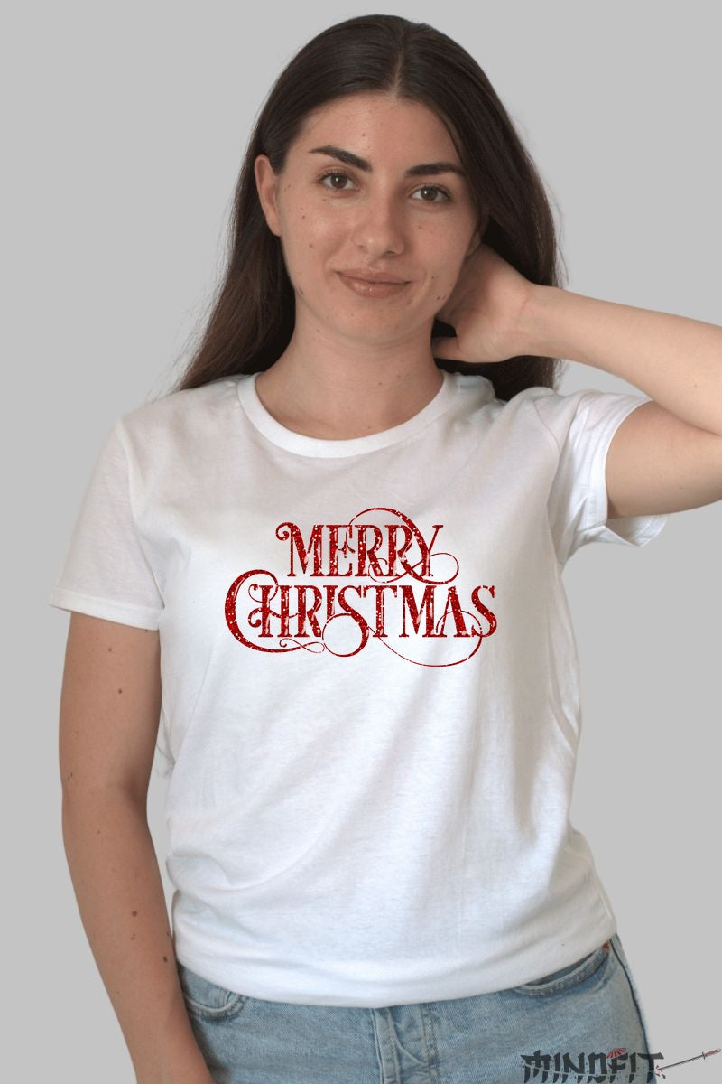 Tricou De Craciun - Merry Christmas Glitter dama alb