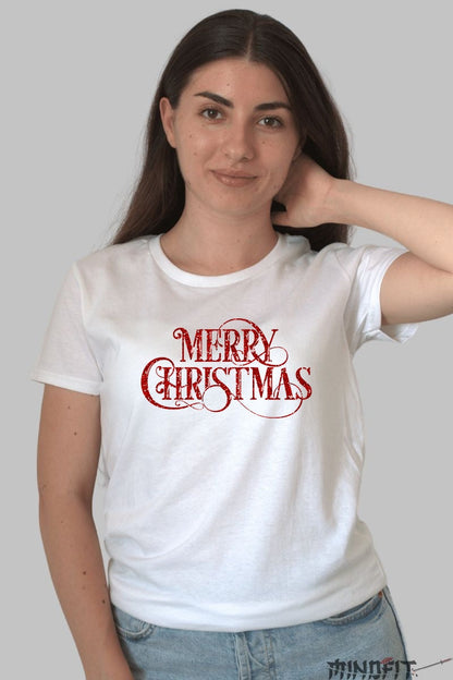 Tricou De Craciun - Merry Christmas Glitter dama alb