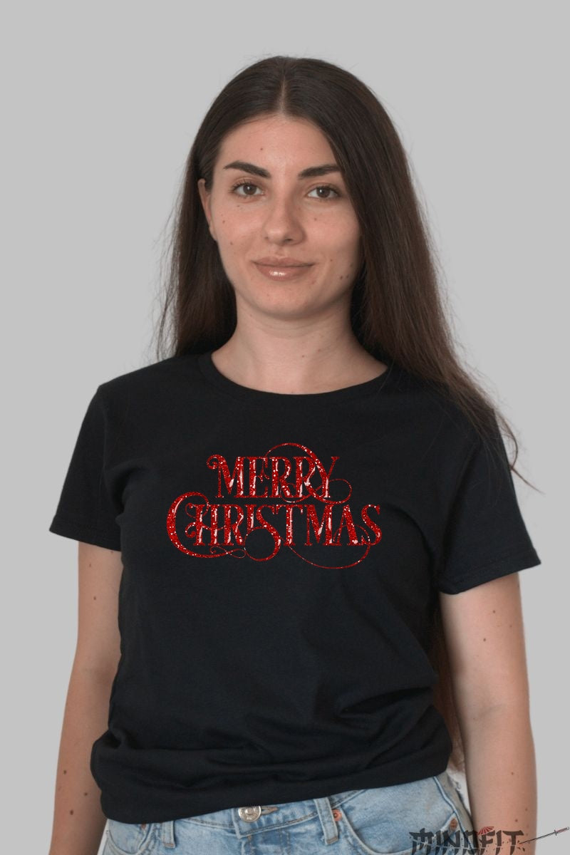 Tricou De Craciun - Merry Christmas Glitter dama negru