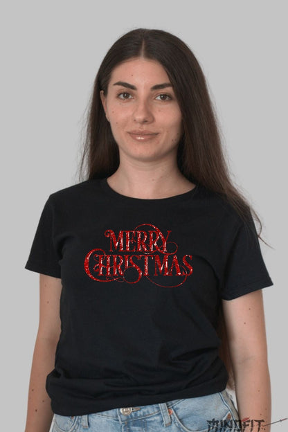 Tricou De Craciun - Merry Christmas Glitter dama negru