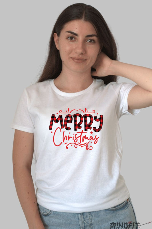 Tricou De Craciun - Merry Christmas In Carouri dama alb