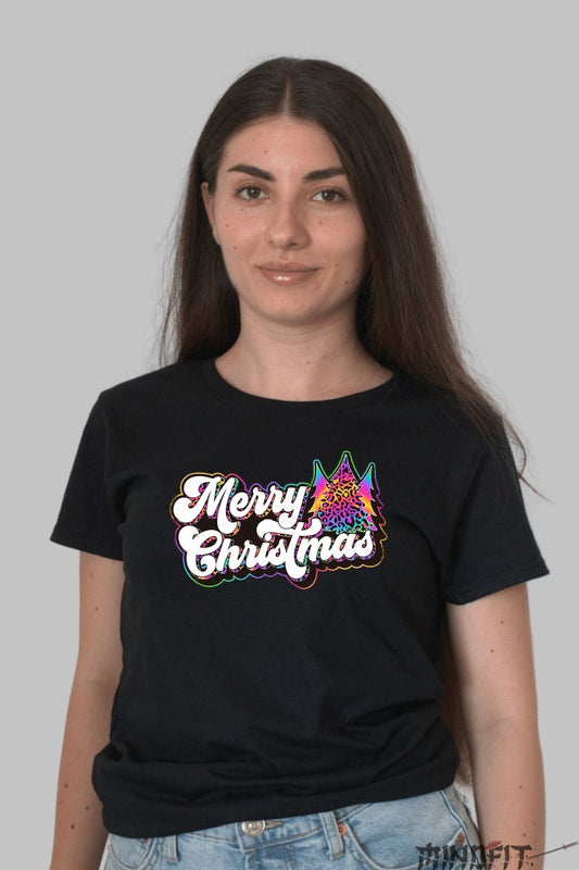 Tricou De Craciun - Merry Christmas Psychedelic dama negru