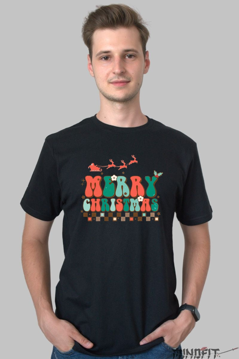 Tricou De Craciun - Merry Christmas Retro barbat negru