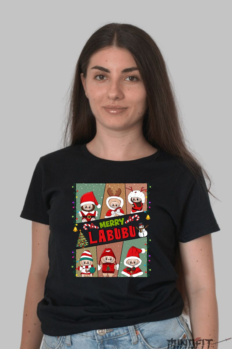 Tricou De Craciun - Merry Labubu dama negru