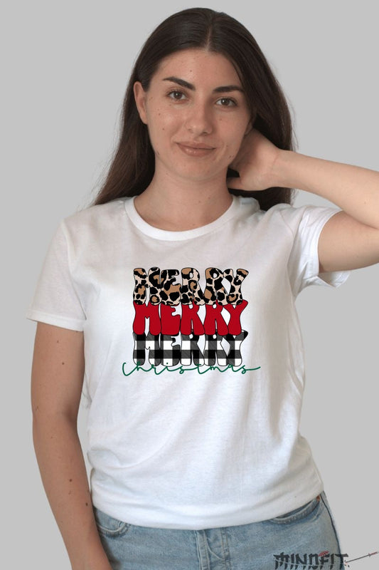 Tricou De Craciun - Merry Multistrat dama alb