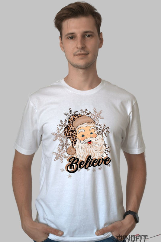 Tricou De Craciun - Mos Craciun Believe Leopard Print barbat alb