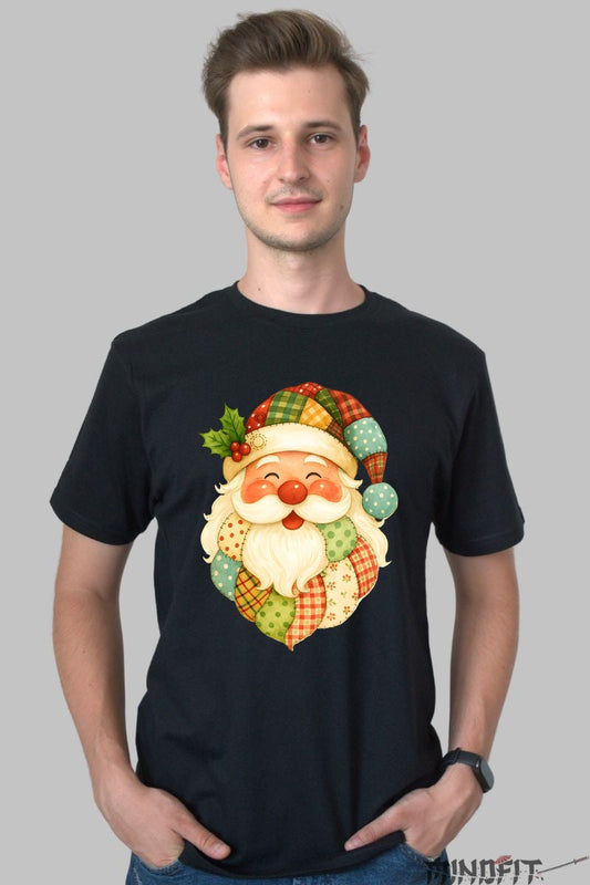 Tricou De Craciun - Mos Craciun Patchwork barbat negru