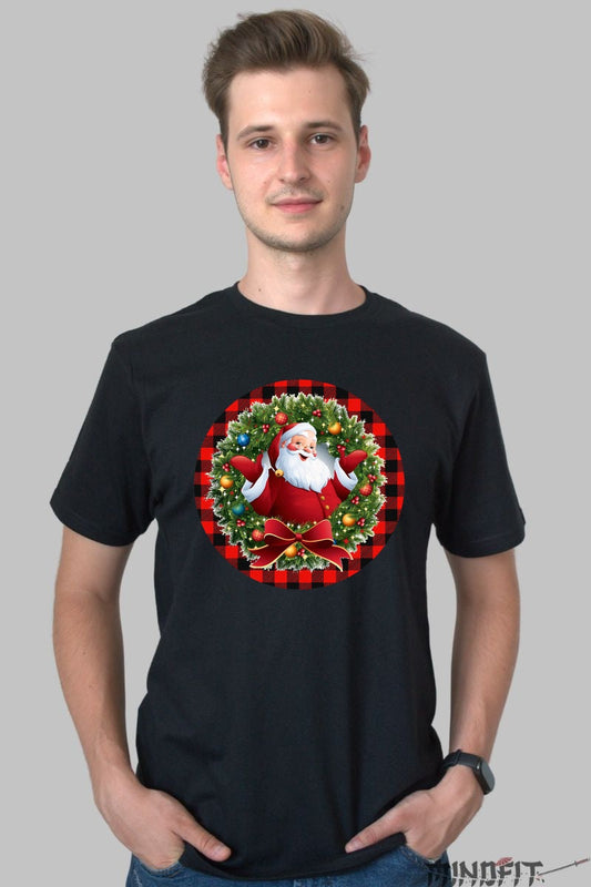 Tricou De Craciun - Mos Craciun Printre Ghirlande barbat negru