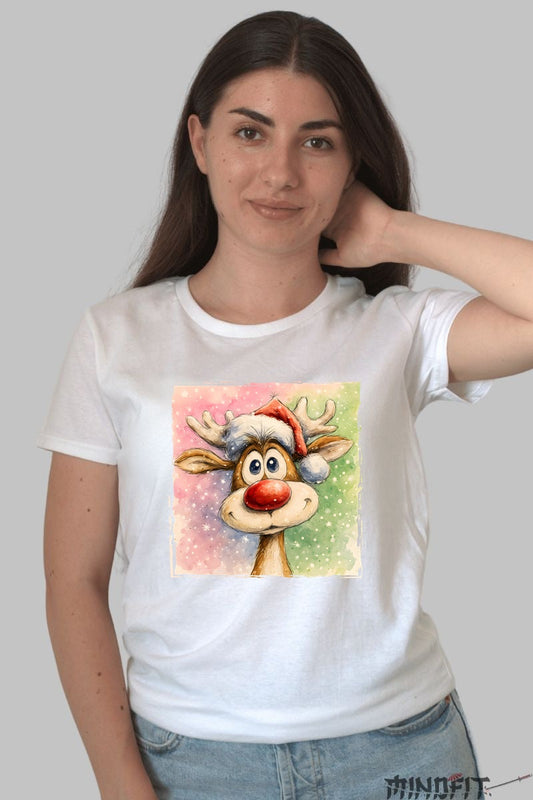 Tricou De Craciun - Renul Haios Cu Caciula dama alb