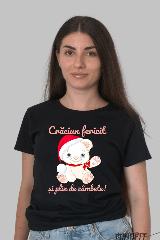 Tricou De Craciun - Ursulet Cu Caciula Mosului dama negru