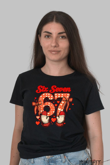 Tricou Dragoste Cuplu - Six Seven Stil Inimioare si Manusi dama negru