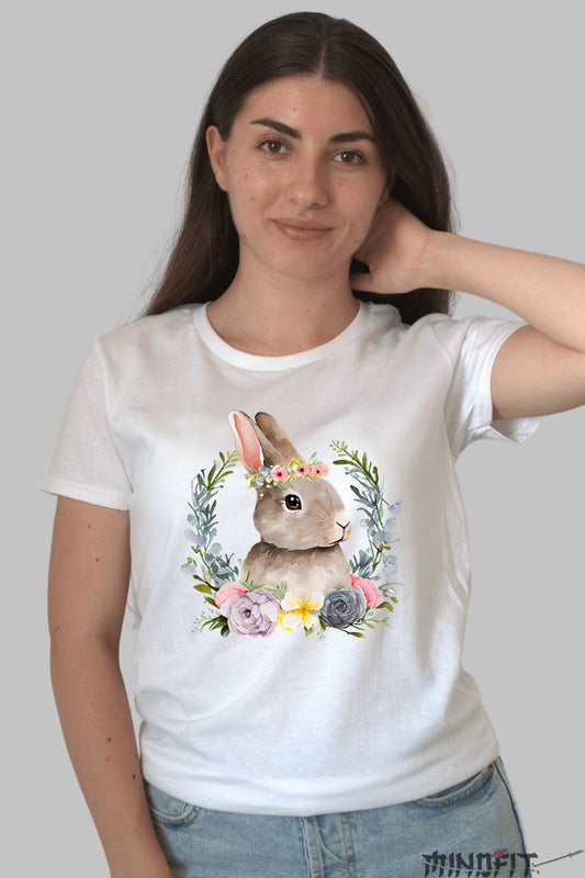 Tricou Paste - Iepuras Dragals In Coronita Cu Flori Dama Alb