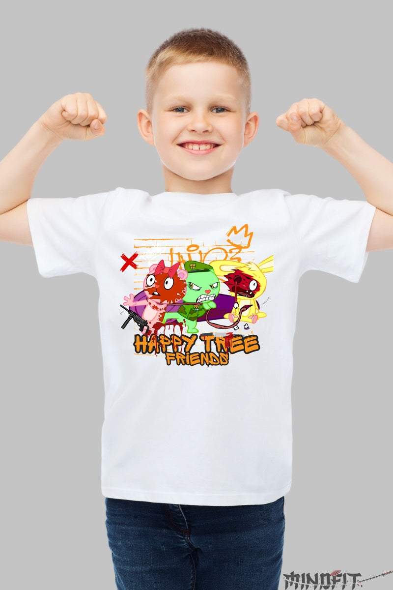 Tricou Happy Tree Friends - Haos adorabil in stil retro baiat alb