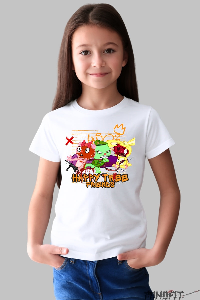 Tricou Happy Tree Friends - Haos adorabil in stil retro fata alb