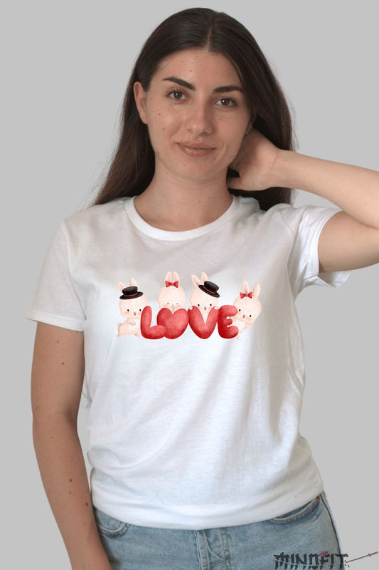 Tricou Iepurasi Dragoste - Design Jucaus cu Iepurasi si Litere Dama Alb
