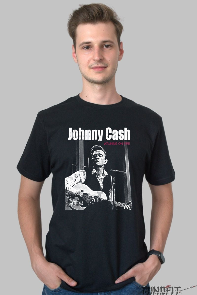 Tricou Johnny Cash - Walking on Fire barbat negru