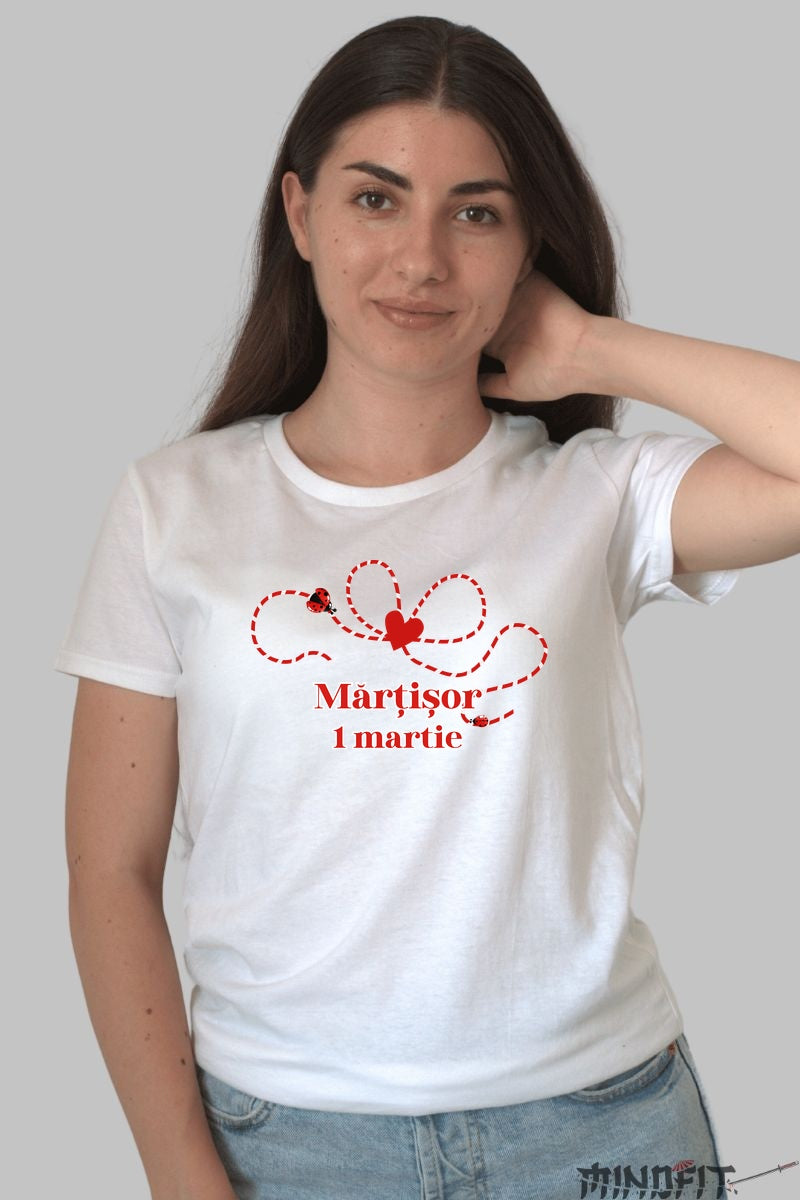 Tricou Martisor 1 Martie Cu Fundita Rosie Dama Alb